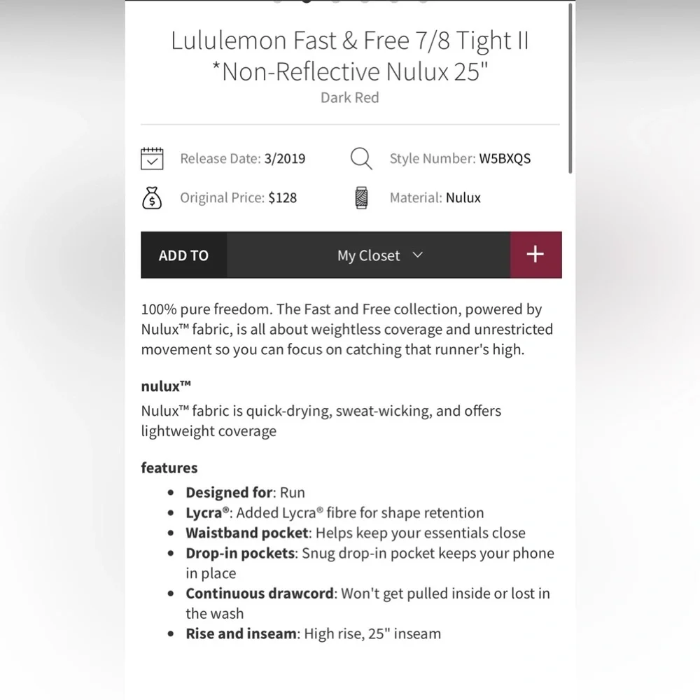 Lululemon Fast and Free Leggings with 25” inseam- Like New - Picture 3 of 4